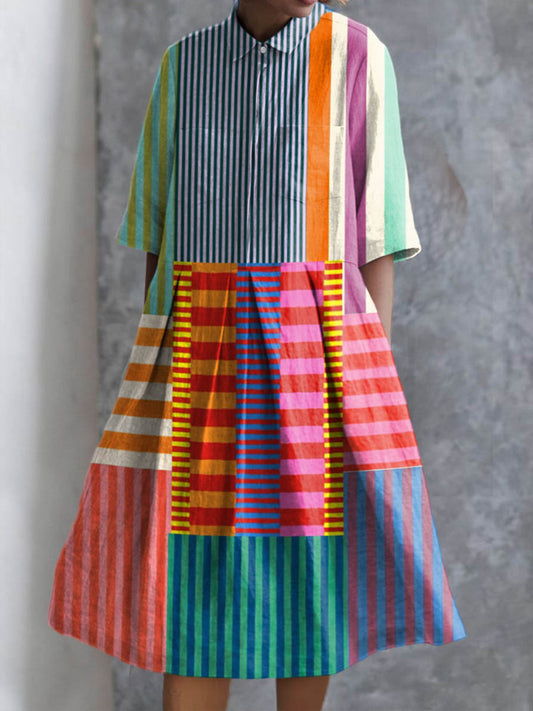 Women's Abstract Geometric Pattern Print Pocket Cotton Dress