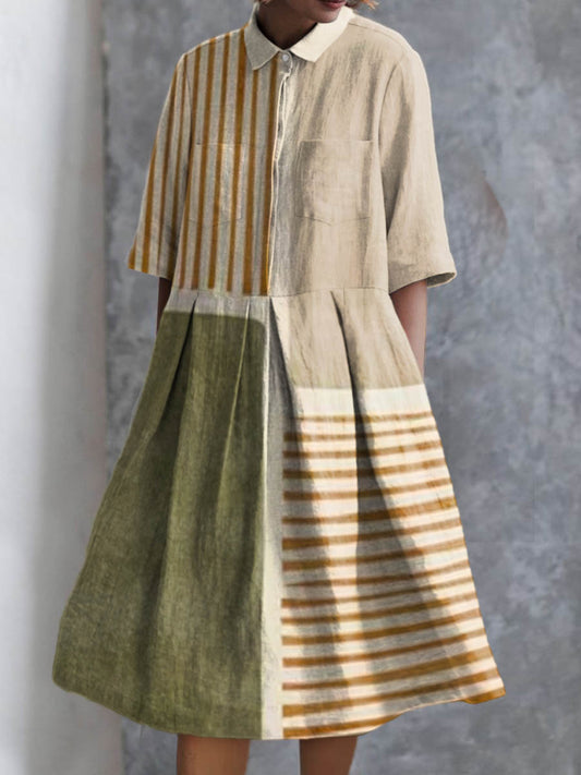 Women's Abstract Geometric Line Pattern Print Pocket Cotton Dress