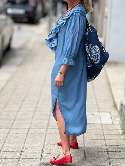 Women's Solid Color Casual Loose Ruffle V-Neck 3/4 Sleeve Cotton Linen Dress