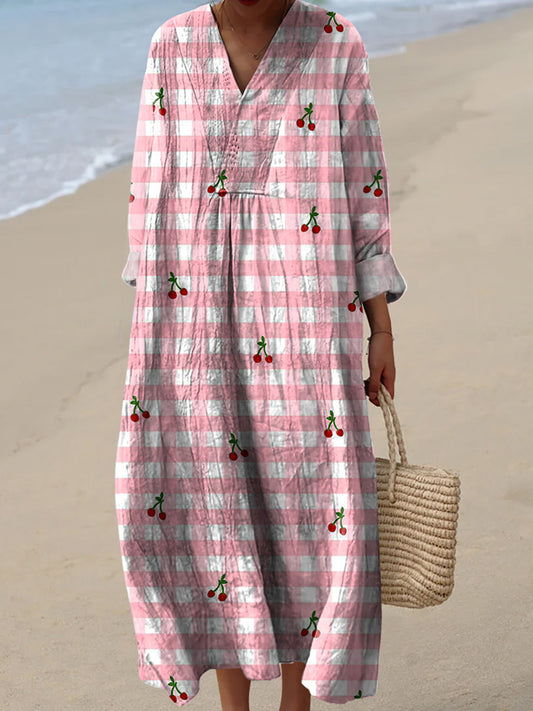 Lovely Summer Cherry And Plaid Pattern Printed Women's Dress