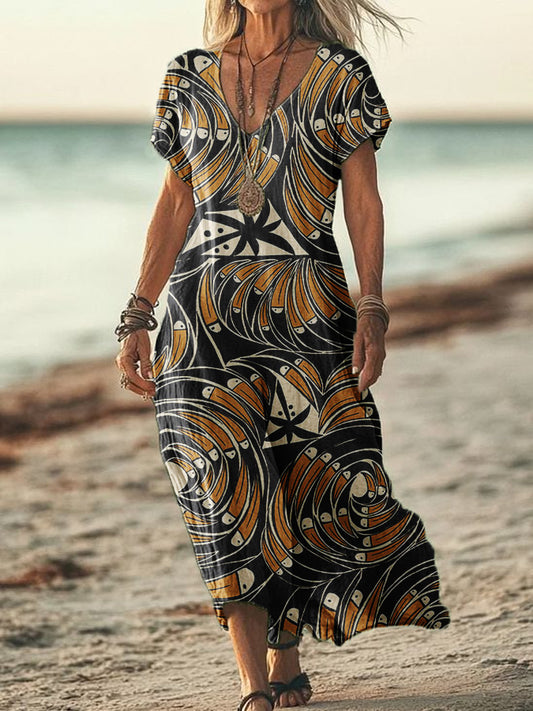 Women's Copatucano Art Printed Cotton Linen V-Neck Short Sleeve Dress