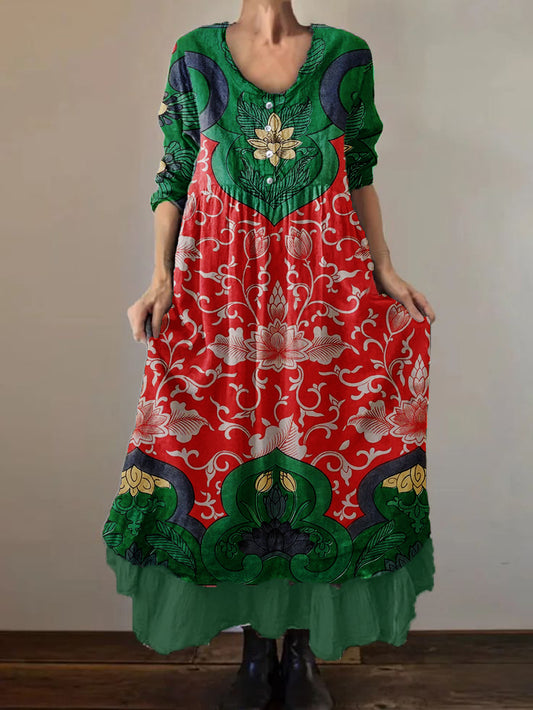 Women's Geometric Art Print Cotton and Linen Double Layer Dress