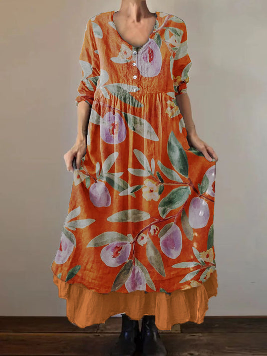 Women's Fruitart Print Cotton and Linen Double Layer Dress