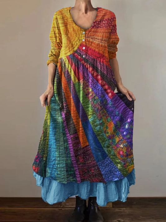 Women's sunart Print Cotton and Linen Double Layer Dress