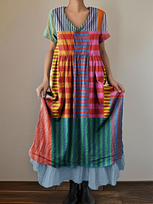 Women's Geometric Art Print V-Neck Short Sleeve Cotton and Linen Double Layer Dress
