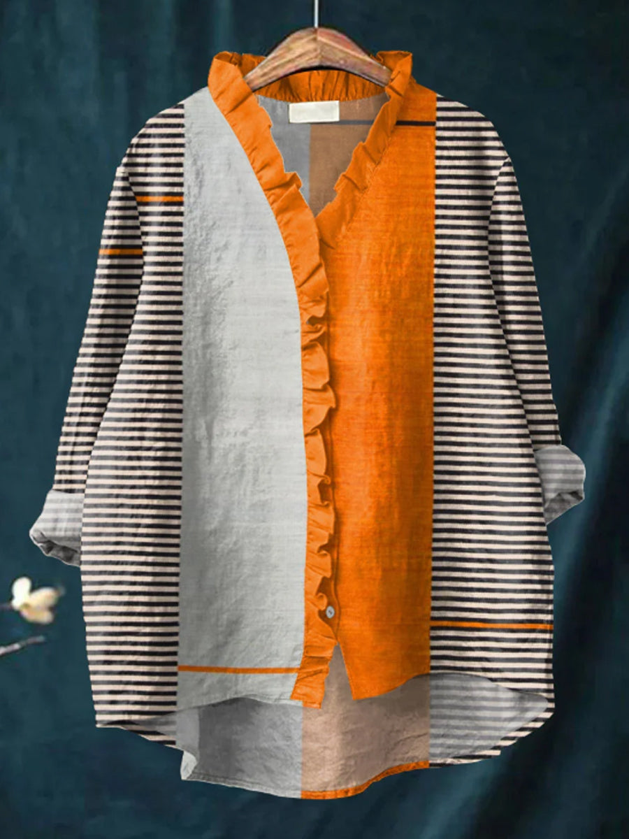 Women's Vintage Abstract Geometric Art Print Casual Cotton And Linen Ruffle Shirt