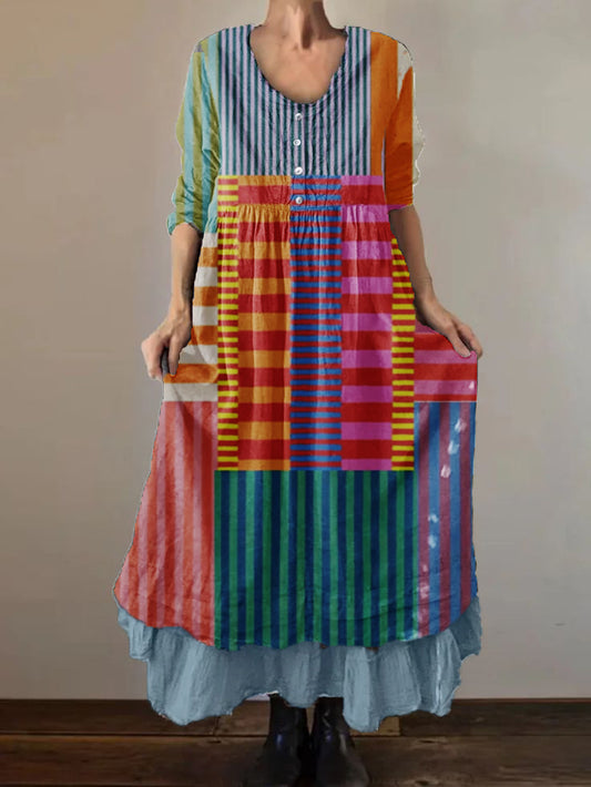 Women's Geometric Art Print Cotton and Linen Double Layer Dress