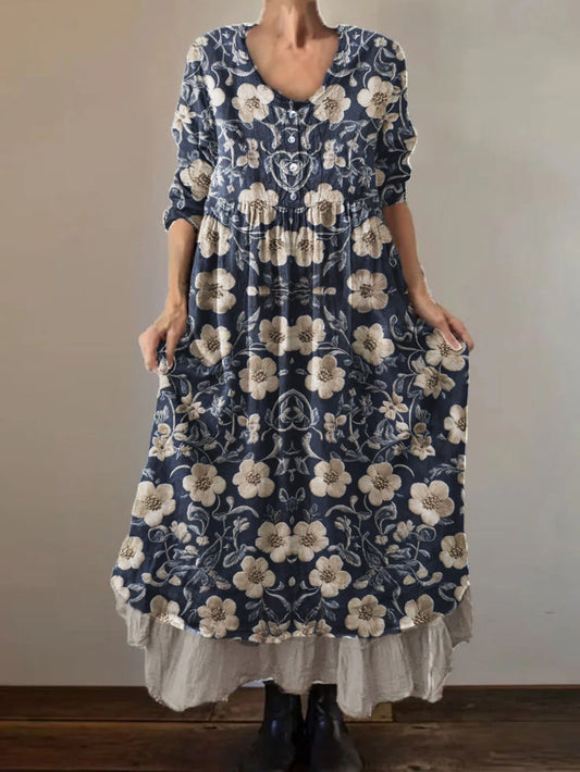 Women's Embroidered Floral Print Cotton and Linen Double Layer 3/4 Sleeve Dress