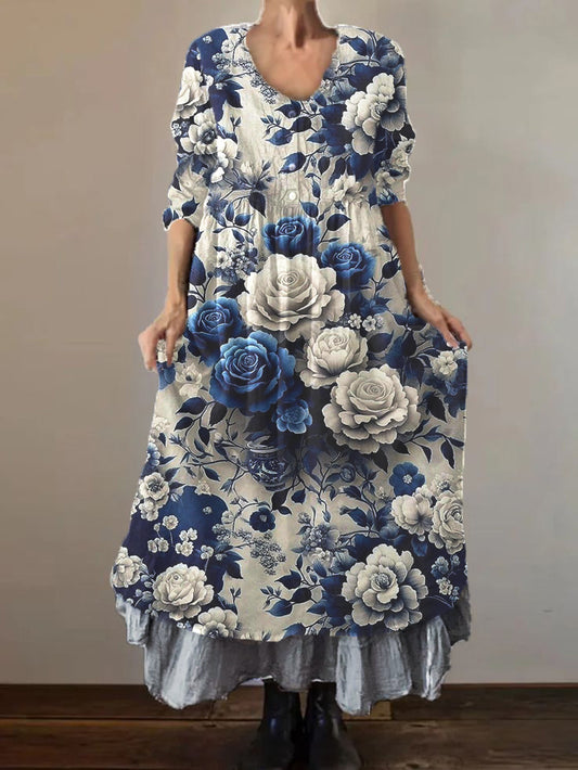 Printed V-Neck Elegant Chic Loose Long Sleeve Maxi Dress