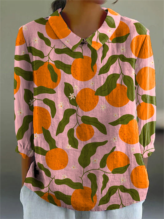 Summer Orange Pattern Printed Women's Casual Cotton And Linen 3/4 Sleeve Shirt