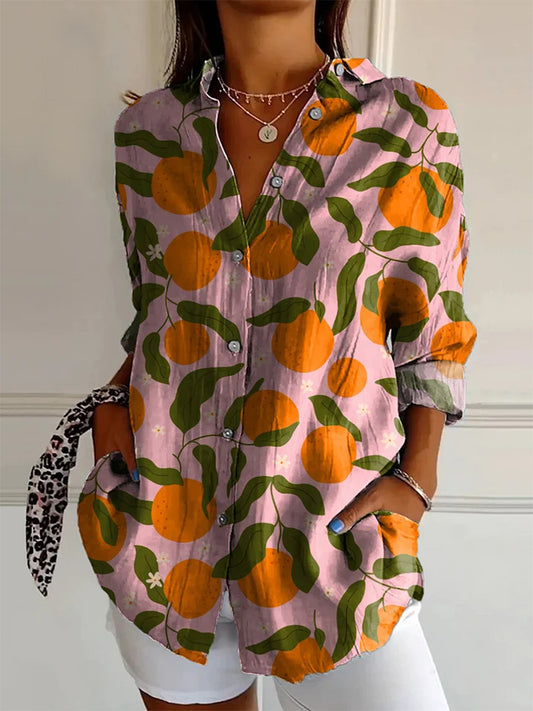Women's Orange Pattern Print Summer Cotton Linen Long Sleeve Sleeve Casual Shirt