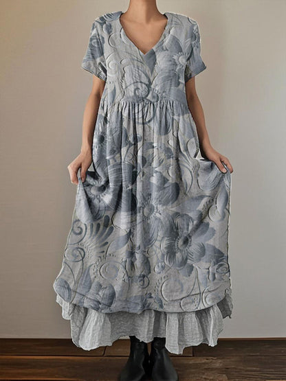 Women's Retro Stereoscopic Printed Short Sleeve V-Neck Double Layer Dresses