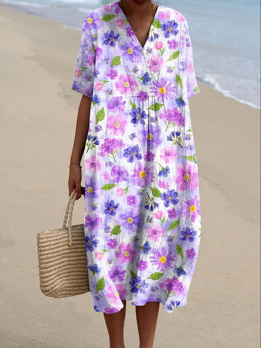 Women's Vintage Floral Art Print Flowy Dress