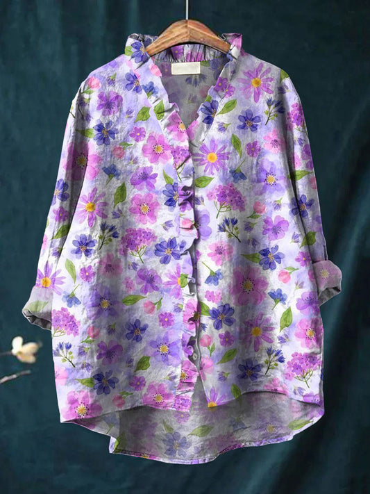Women's Vintage Purple Art Print Casual Cotton Linen Ruffle Shirt