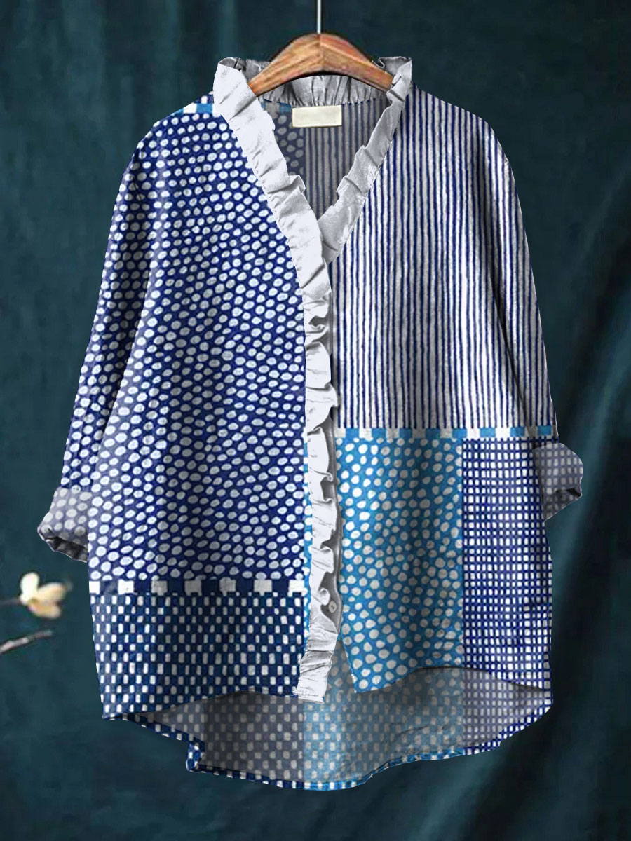 Women's Retro Abstract Dot Art Print Casual Cotton And Linen Ruffle Shirt
