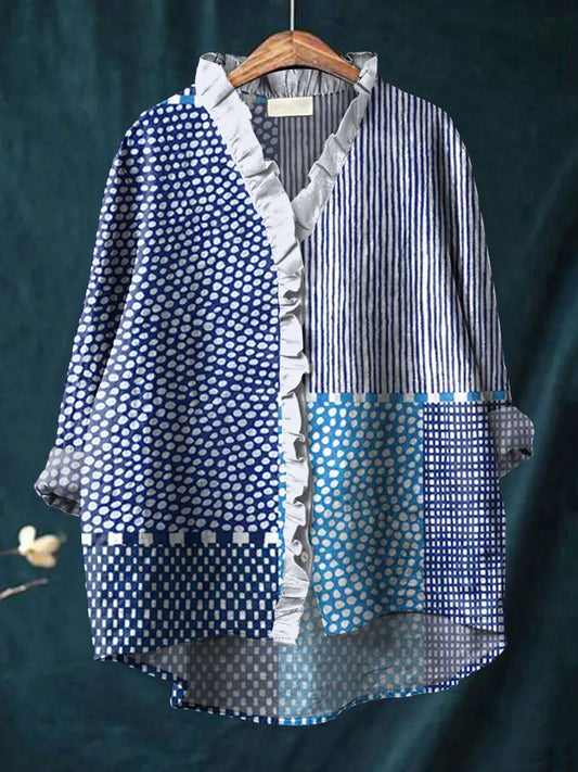 Women's Retro Abstract Dot Art Print Casual Cotton And Linen Ruffle Shirt
