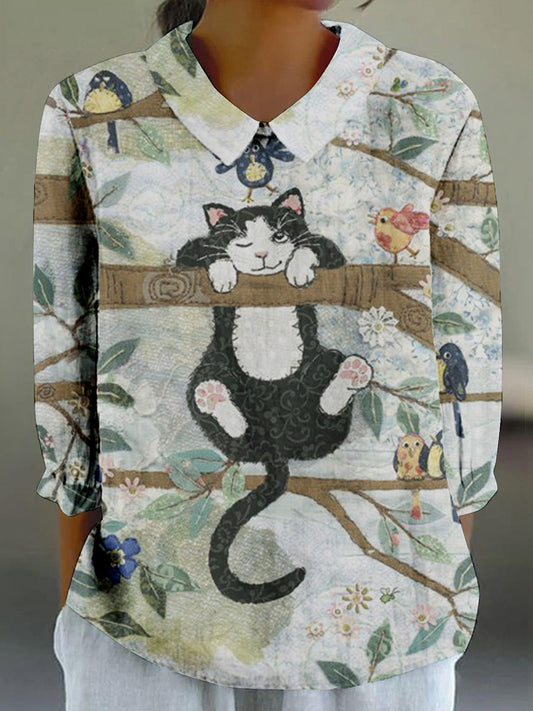 Women's Black Cat Hanging Tree Print Crew Neck 3/4 Sleeve Shirt