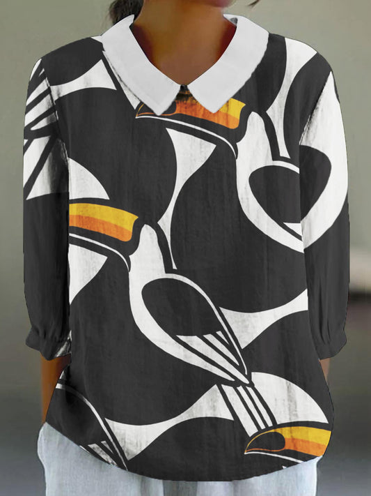 Women's Copatucano Art Print Cotton Linen 3/4 Sleeve Shirt