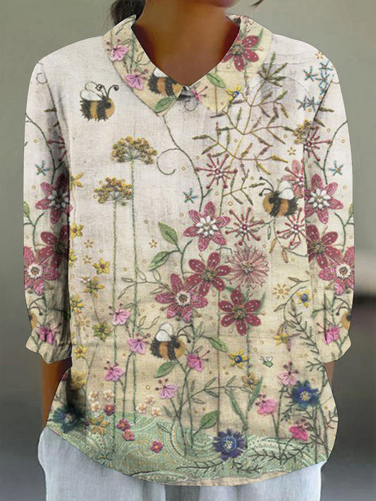 Women's Bee Meadow Print Crew Neck 3/4 Sleeve Shirt