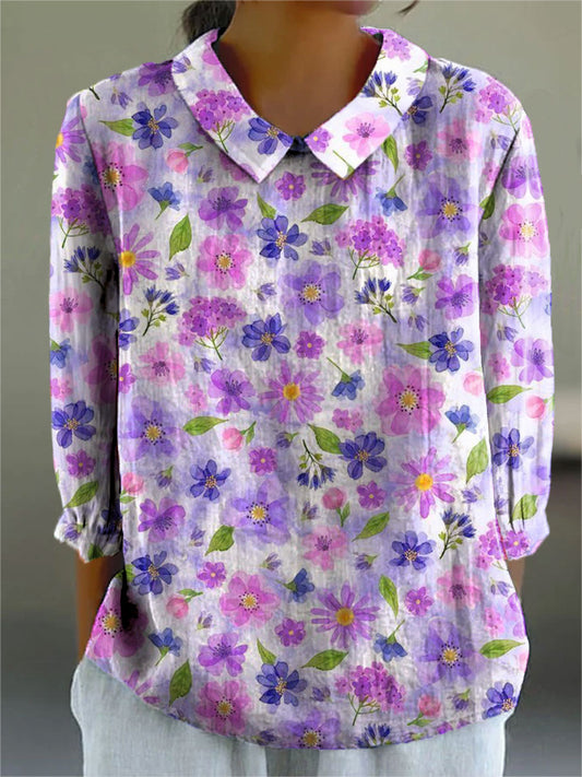 Women's Vintage Floral Art Print Casual Cotton And Linen 3/4 Sleeve Shirt