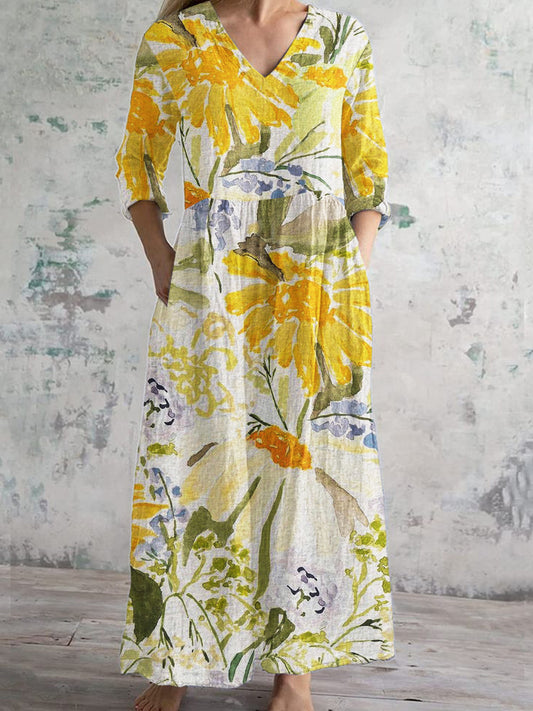 Women's Yellow Hand-Painted Floral Print 3/4 Sleeve V-Neck Cotton Linen Dress