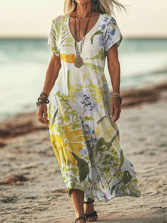 Printed V-Neck Elegant Chic Loose Long Sleeve Maxi Dress