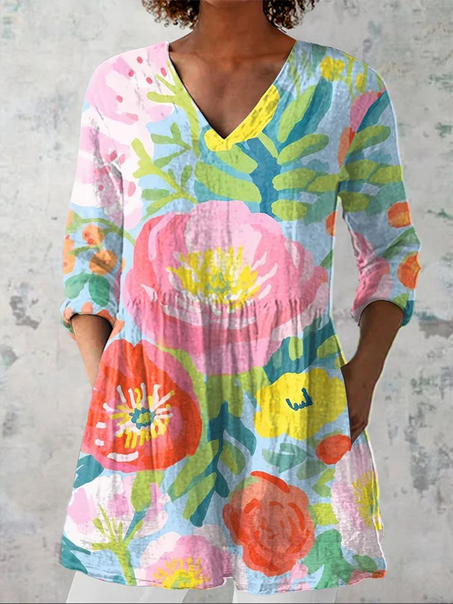 Women's Watercolor Floral Art Print V-Neck Cotton Linen 3/4 Sleeve Shirt