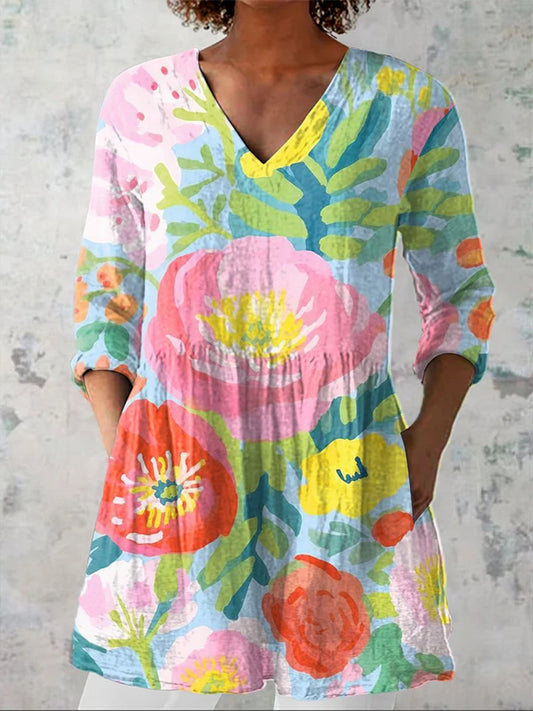Women's Watercolor Floral Art Print V-Neck Cotton Linen 3/4 Sleeve Shirt