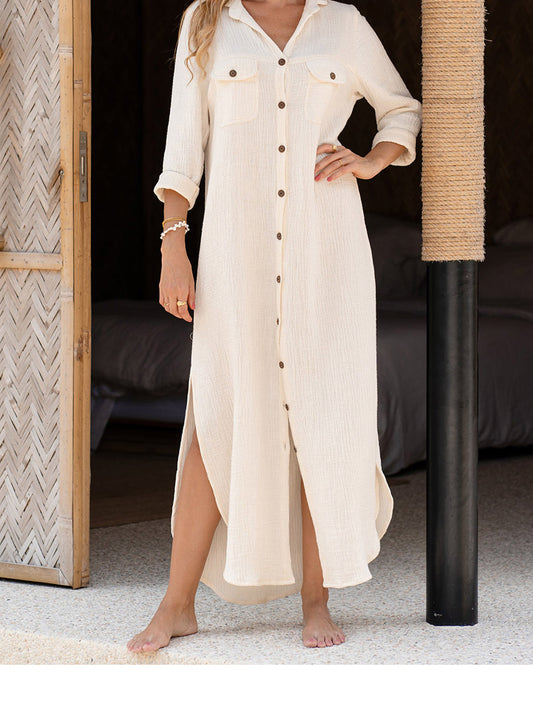 Women's Cotton Linen Pocket Shirt Dress
