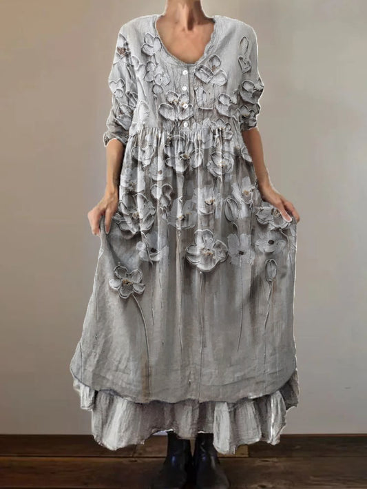 Women's Embossed Art Three-dimensional Printed Cotton and Linen Double Layer Dresses