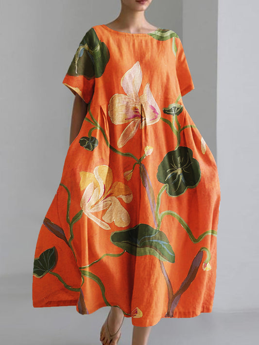 Women's Watercolor Floral Art Print Short Sleeve Pocket Dresses
