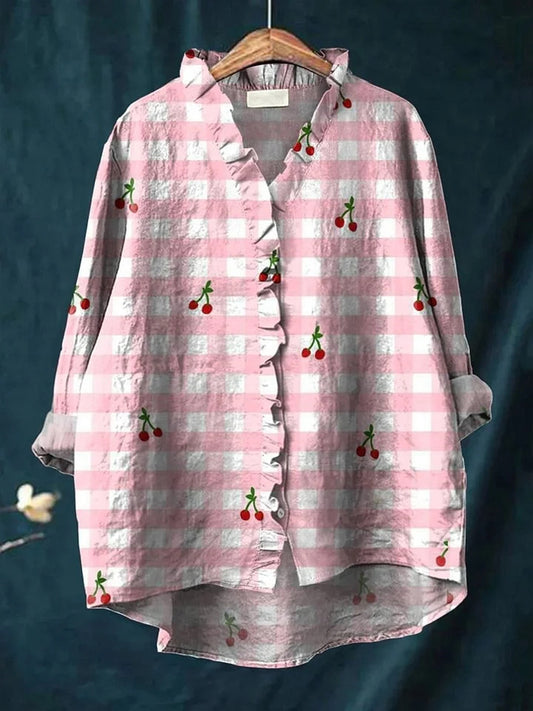 Women's Cute Summer Cherry and Plaid Printed Ruffle Shirt