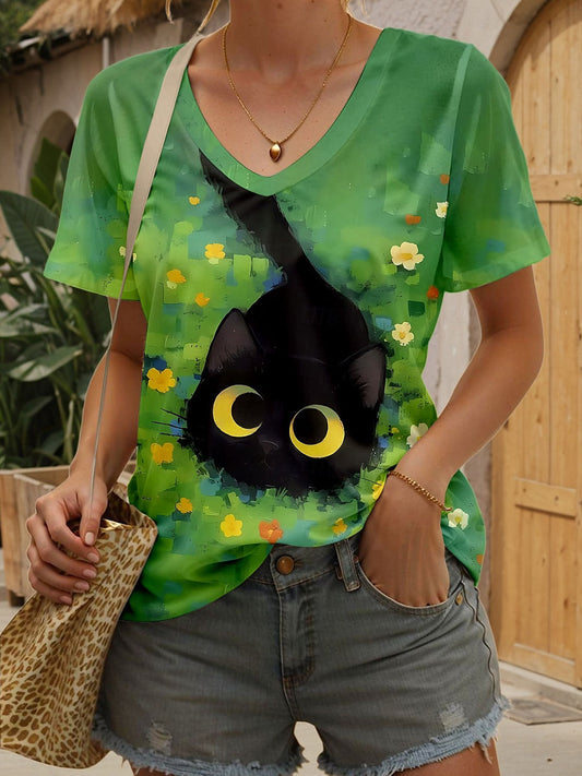 Women's Cat Art Print Casual T-Shirt