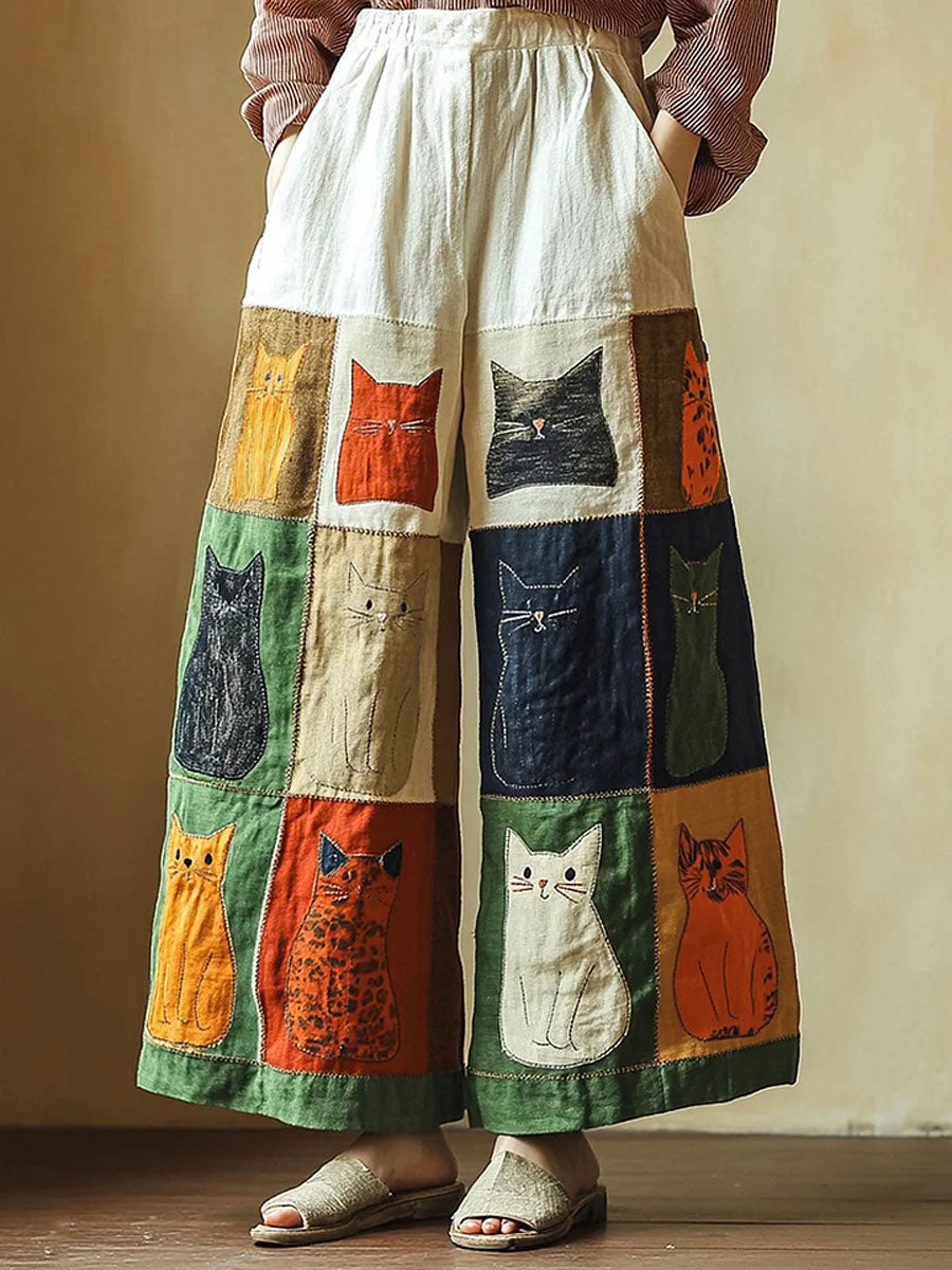 Women's Artistic Cat Patchwork Printed Casual Pants