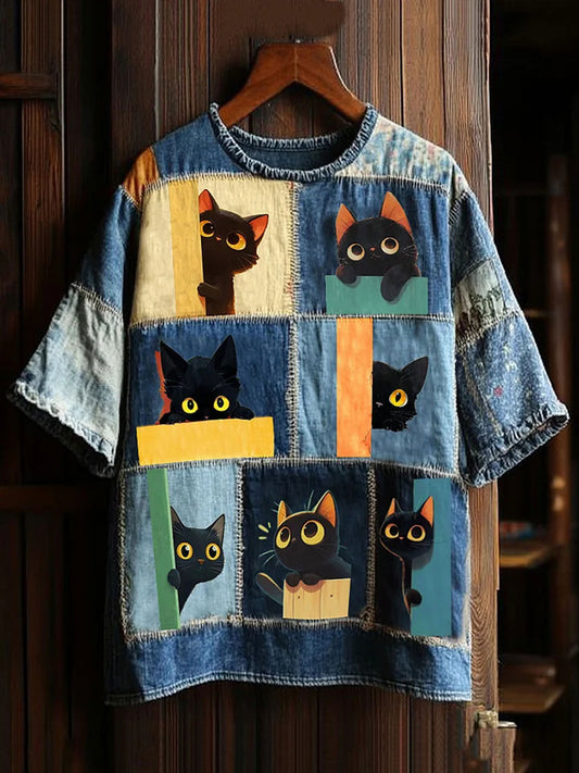 Women's Artistic Cat Patchwork Design Print T-shirt