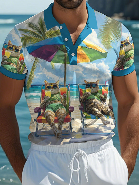 Men's Beach Cat Print Casual Polo Shirt