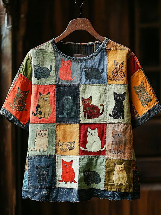 Women's Artistic Cat Patchwork Design Print T-shirt