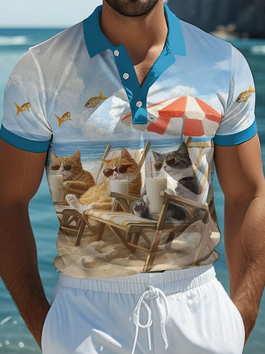 Men's Beach Cat Print Casual Polo Shirt