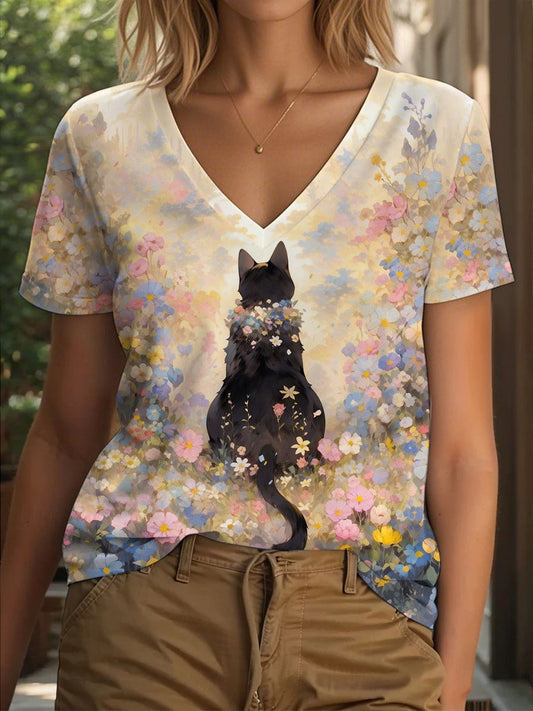 Women's Cat Art Print Casual V-Neck T-Shirt