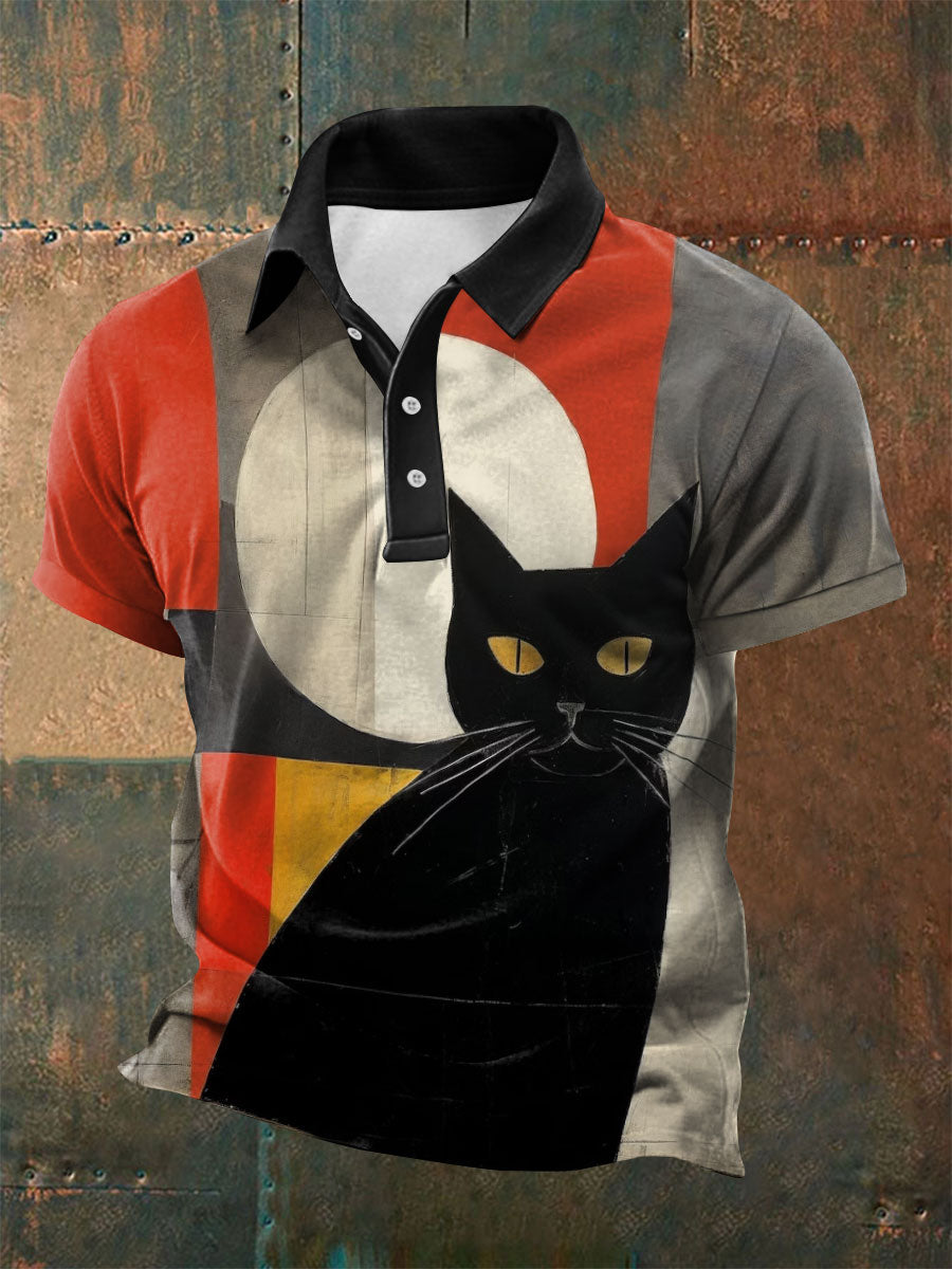 Men's geometric art cat print polo shirt