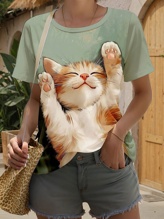 Women's Cat Art Print Casual T-Shirt