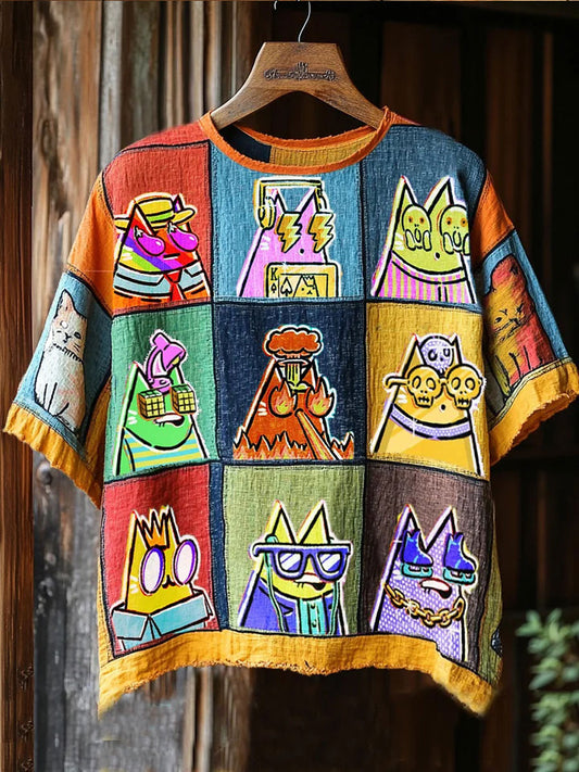 Women's Artistic Cat Patchwork Design Print T-shirt