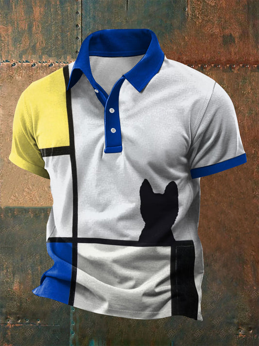Men's geometric art cat print polo shirt