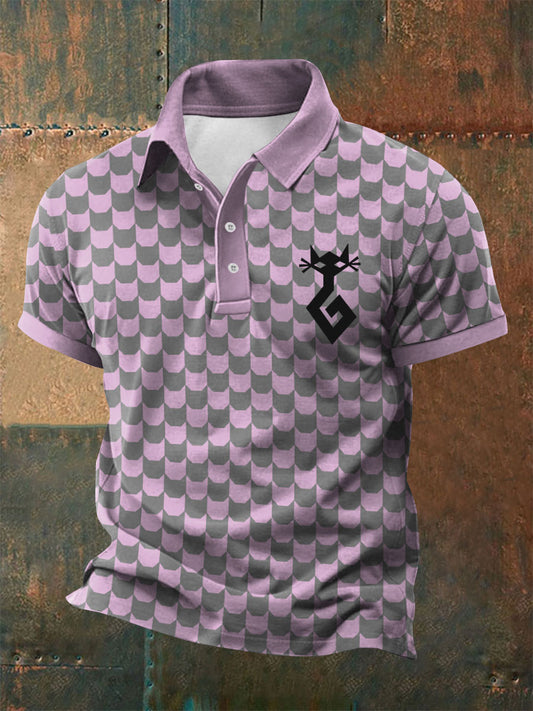 Men's geometric art cat print polo shirt