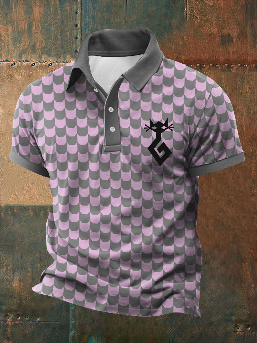 Men's geometric art cat print polo shirt