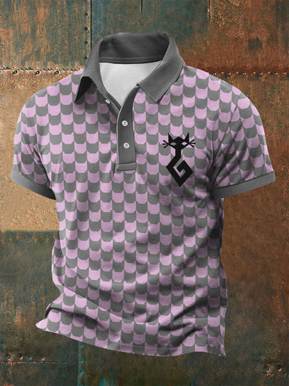Men's geometric art cat print polo shirt