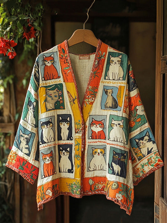 Women's Artistic Cat Patchwork Design Printed Jacket
