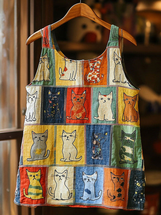 Women's Artistic Cat Patchwork Design Printed Vest
