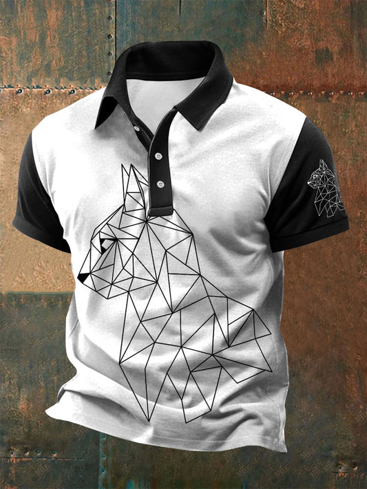 Men's geometric art cat print polo shirt