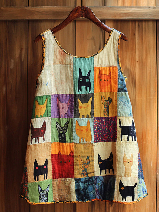 Women's Artistic Cat Patchwork Design Printed Vest